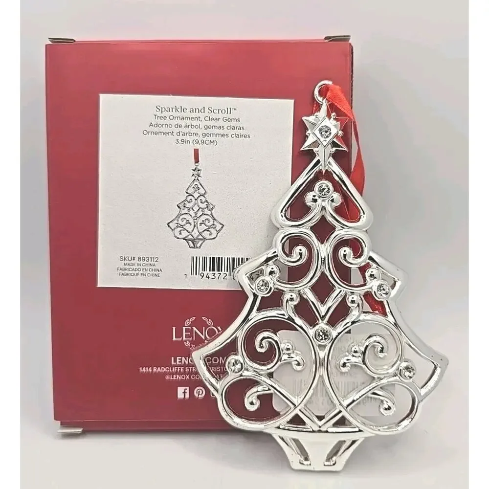 Lenox Tree Sparkle and Scroll Silver Clear Gems Christmas Ornament‎ NIB U81